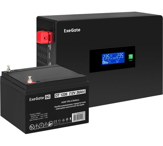 Изображение товара Комплект ИБП ExeGate EX295993RUS + батарея 26Aч EX282970RUS 1шт инвертор, синус, для котла, PF=1, настенный IdealSine SR-1000.LCD.2SH 1000VA/1000W, чистая синусоида 297403