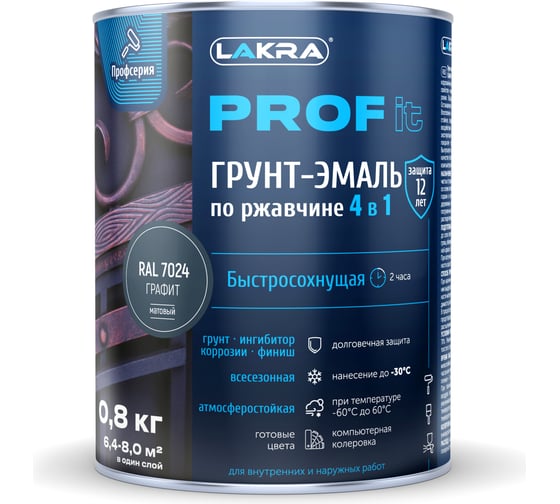 Изображение товара Грунт-эмаль по ржавчине ЛАКРА PROF IT 4 в 1, быстросохнущая, графит, RAL 7024, 0.8 кг ЛА-00003610