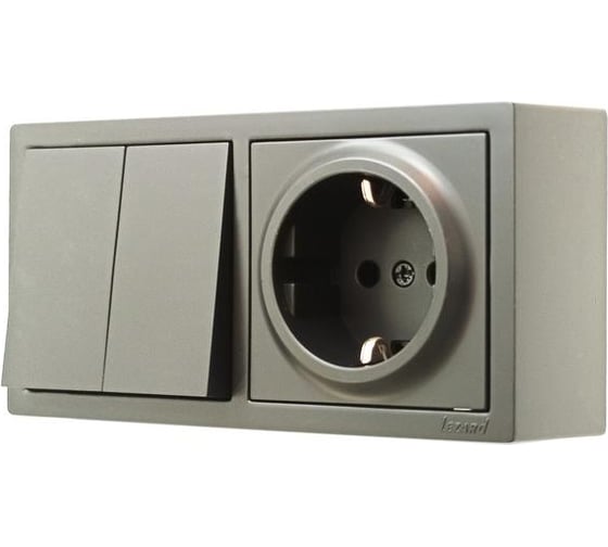 Изображение товара Выключатель двойной и розетка Lezard LETO с заземлением, платина горизонталь 752-3500-170BKP