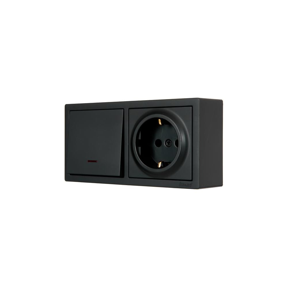 Изображение товара Выключатель с подсветкой и розеткой Lezard LETO с заземлением черный горизонтальный 752-4200-170BIP