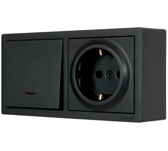 Изображение товара Выключатель с подсветкой и розетка Lezard LETO с заземлением, черный бархат горизонталь 752-4200-170BIP