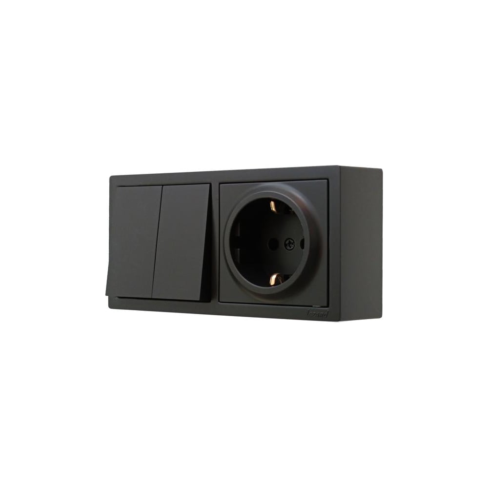 Изображение товара Выключатель двойной и розетка Lezard LETO с заземлением черный горизонтальный монтаж