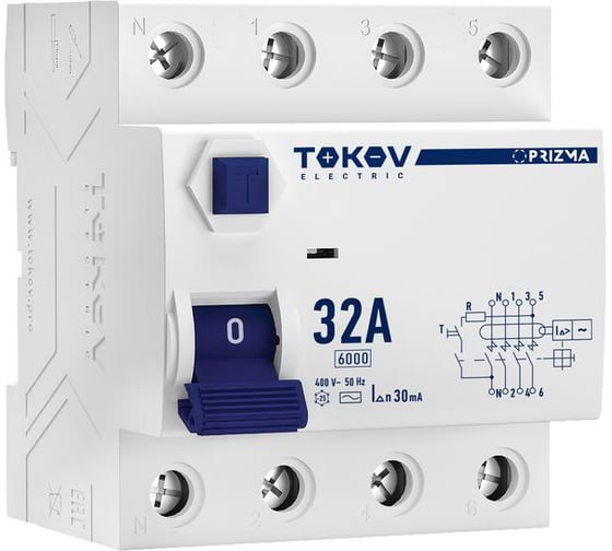 Изображение товара Выключатель дифференциального тока (УЗО) TOKOV ELECTRIC 4П (3P+N) 32А 30мА тип AC 6кА TKE-PZ60-RCDM-4-32-30-AC
