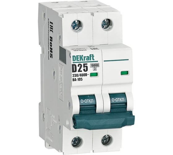 Изображение товара Автоматический выключатель Dekraft ВА-105, 2 P, 25 A, хар-ка D, 10 кА 13215DEK
