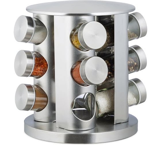 Изображение товара Набор баночек для специй URM на вращающейся подставке, 12 шт, серебряный D01478