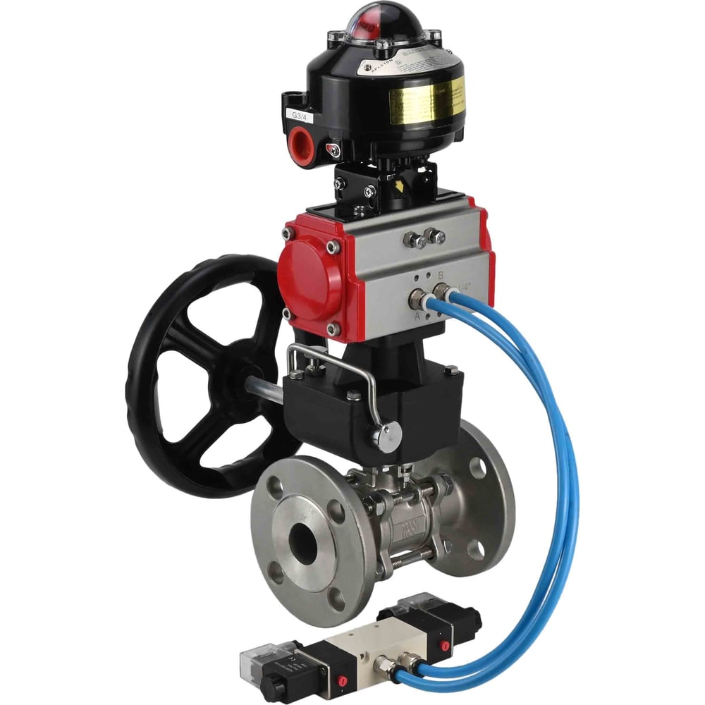 Изображение товара Шаровой кран DN.ru КШФПТ-ISO.304.180 Ду80 Ру25 с пневмоприводом и пневмораспределителем