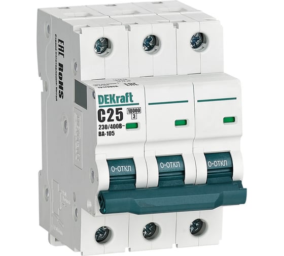 Изображение товара Автоматический выключатель (АВ) DEKraft ВА-105, 3 P, 25 A, тип C, 10 кА 13179DEK