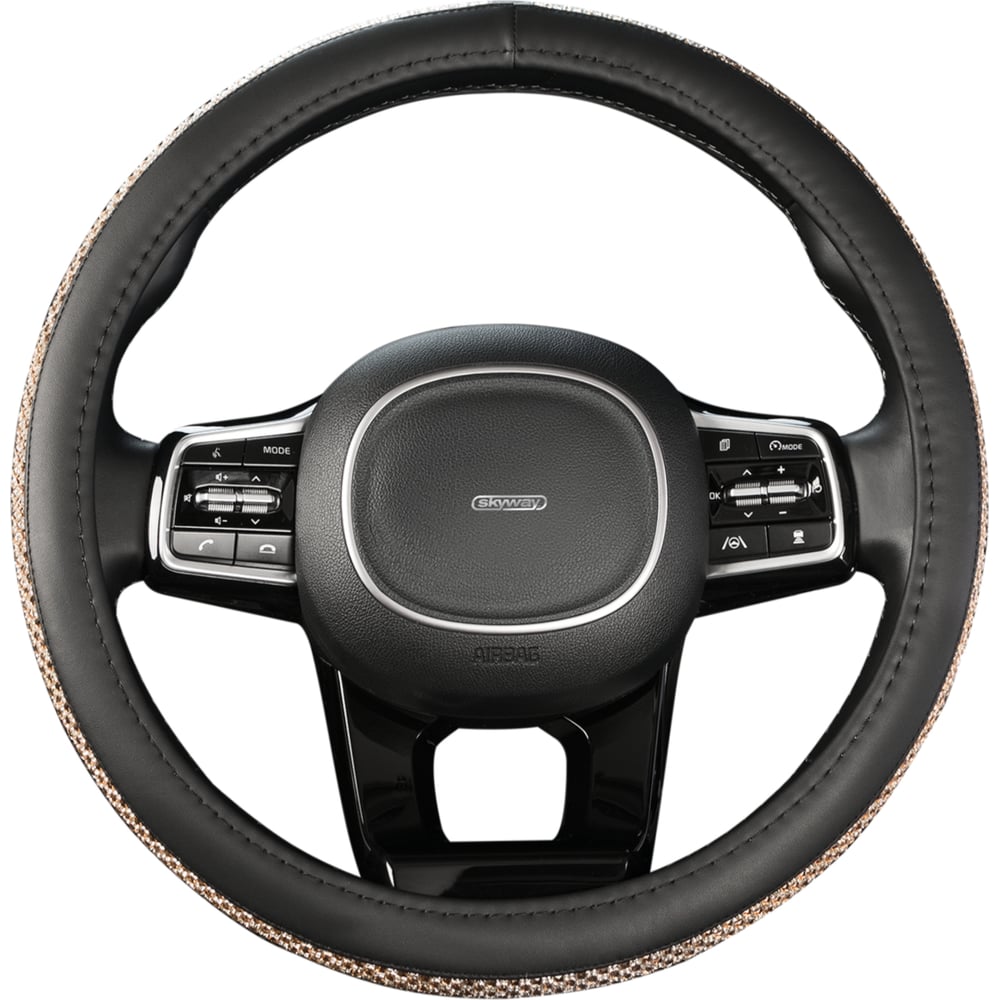 Изображение товара Оплетка SKYWAY Crystal-1 M из черной экокожи с бежевыми стразами