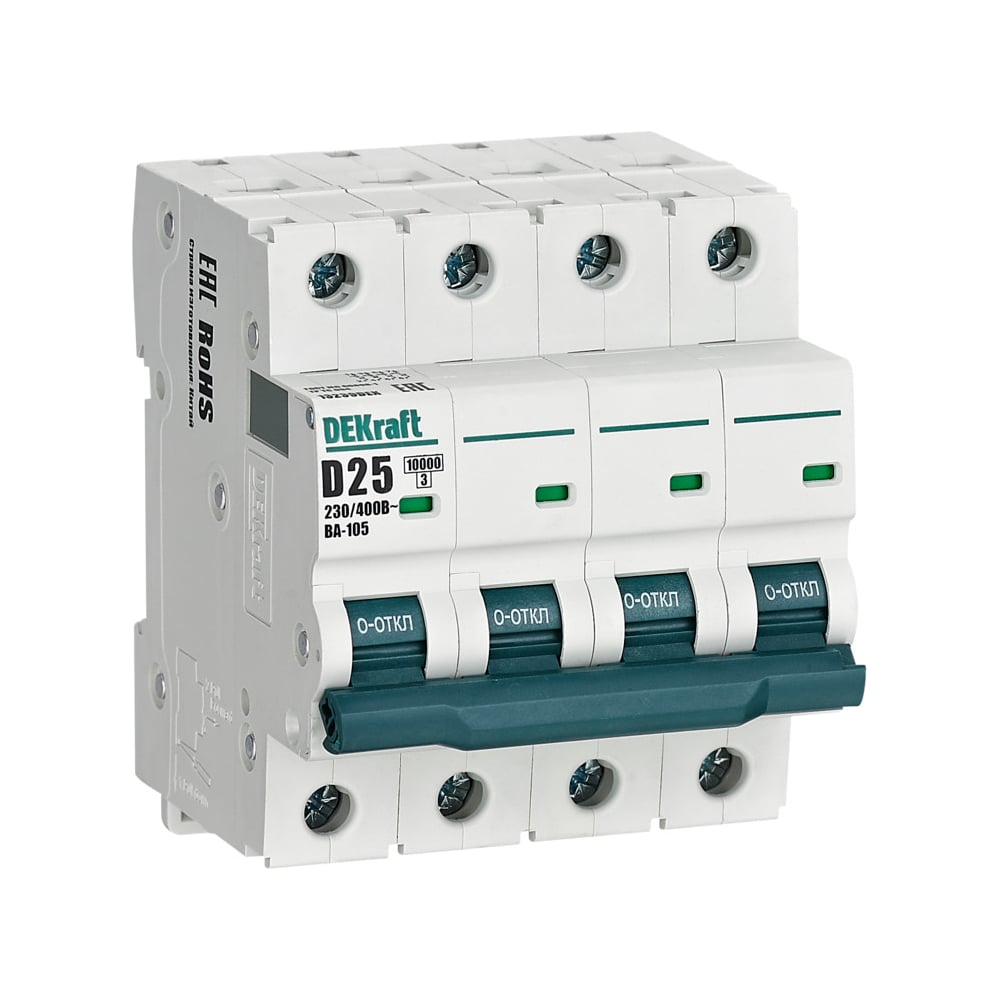 Изображение товара Автоматический выключатель (АВ) Dekraft ВА-105, 4 P, 25 A, хар-ка D, 10 кА 13239DEK
