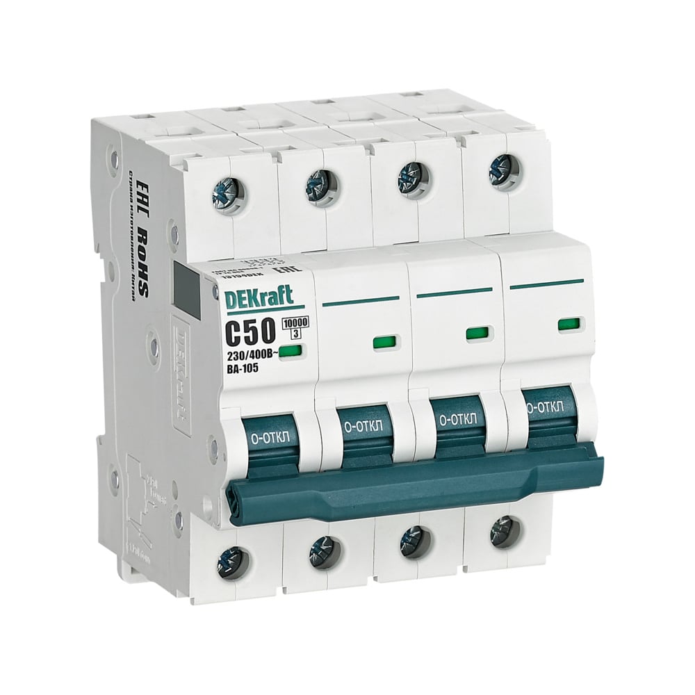 Изображение товара Автоматический выключатель Dekraft ВА105-4P-050A-C 50A IP20 на DIN-рейку