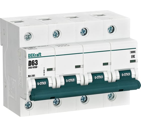 Изображение товара Автоматический выключатель Dekraft ВА-201, 4 Р, 63 А, хар-ка D, 10 кА 13022DEK