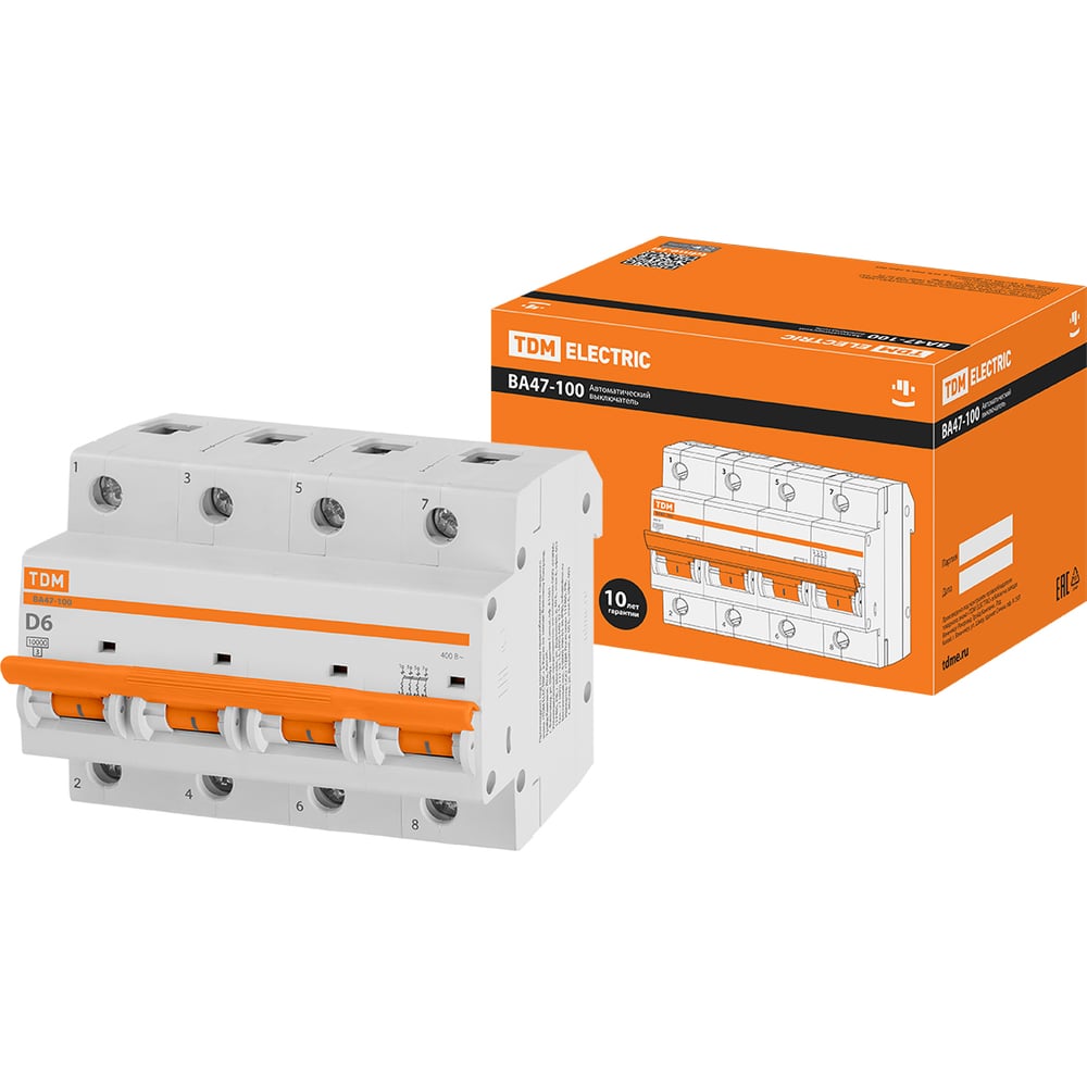 Изображение товара Автоматический выключатель ВА47-100 4Р 6А 10кА х-ка D TDM ELECTRIC