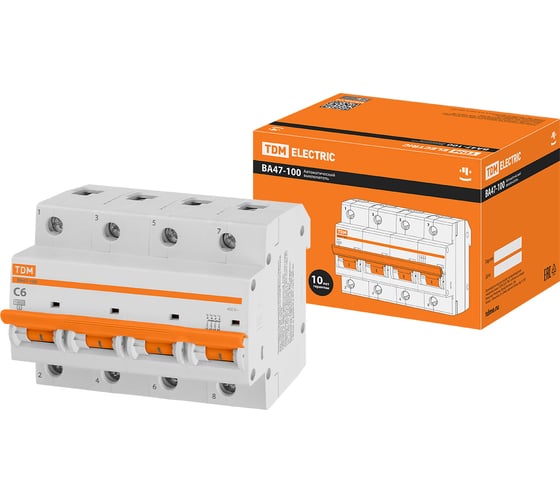 Изображение товара Автоматический выключатель TDM ELECTRIC ВА47-100 4Р 6А 10кА х-ка С SQ0207-0139
