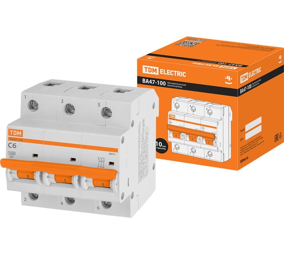 Изображение товара Автоматический выключатель TDM ELECTRIC ВА47-100 3Р 6А 10кА х-ка С SQ0207-0138
