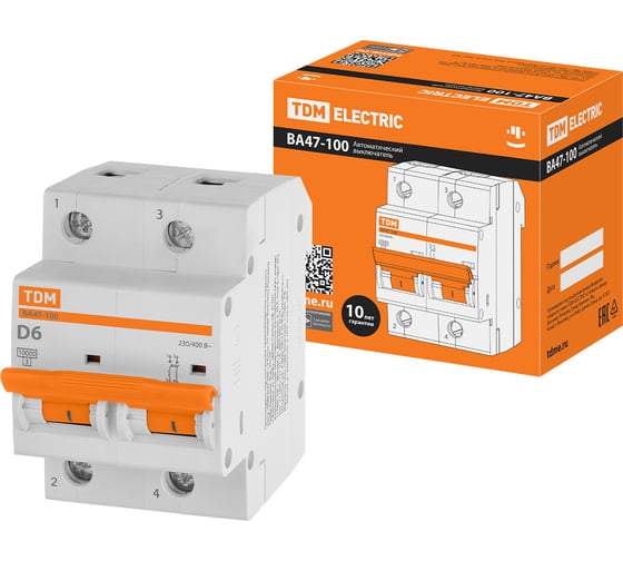 Изображение товара Автоматический выключатель TDM ELECTRIC ВА47-100 2Р 6А 10кА х-ка D SQ0207-0141