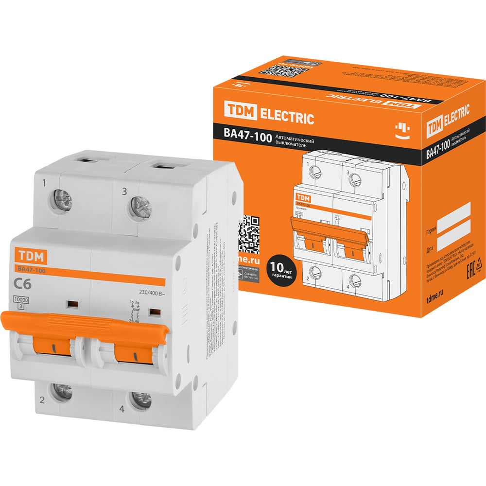 Изображение товара Автоматический выключатель ВА47-100 2Р 6А 10кА TDM ELECTRIC для защиты электросетей