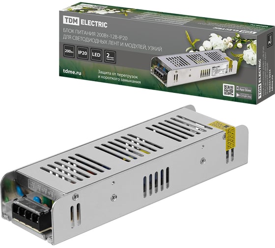 Изображение товара Блок питания для светодиодных лент и модулей 12v 200Вт TDM ELECTRIC 12В, IP20, металл, узкий SQ0331-0554