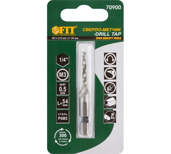Изображение товара Сверло-Метчик комбинированное метрическое (16х54 мм; М3х0.5 мм) FIT 70900
