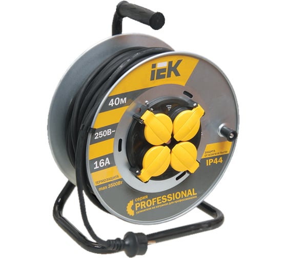 Изображение товара Катушка с термозащитой IEK "Professional" УК40 металлическая, 4 места, 2Р+PЕ/40м, КГ, 3х1,5мм2, IP44 WKP16-16-04-40-44