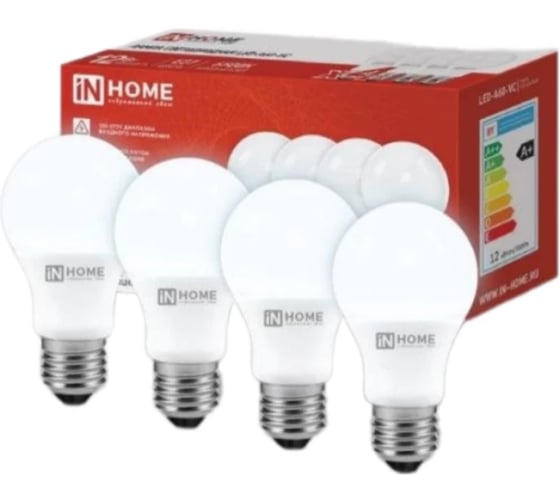 Изображение товара Лампа светодиодная IN HOME LED-A60-VC 4PACK 12Вт, 230В, Е27, 6500К, 1140Лм, 4 штуки/упаковка 4690612047676