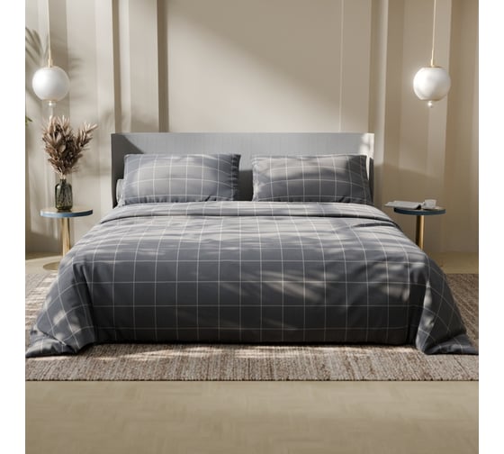 Изображение товара КПБ Этель дуэт "Клетка" цв. серый 143x215-2 шт, 220x240, 50x70-2 шт, бязь, 125 г/м2 9355723