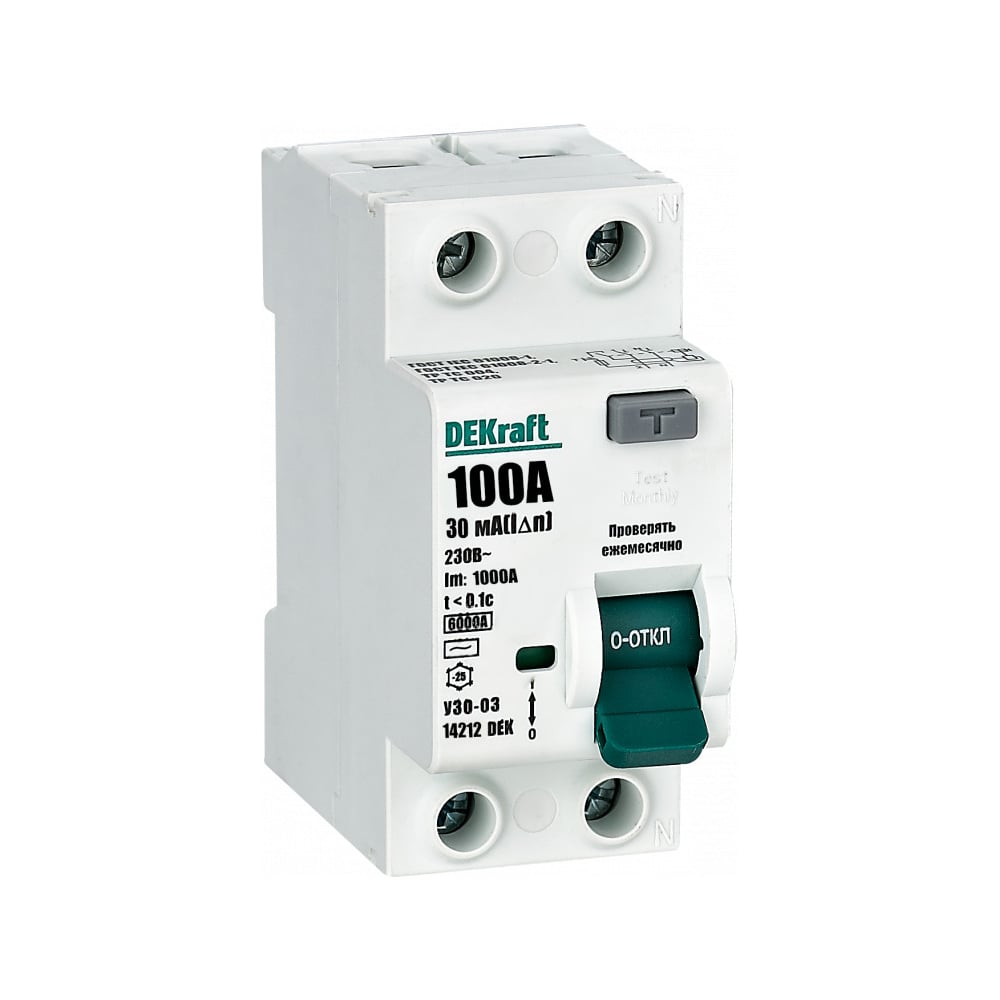 Выключатель дифференциального тока (ВДТ) DEKraft  УЗО-03 2 P, 100 A, 30 мА, тип AC, 6 кА 14212DEK
