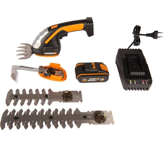 Изображение товара Аккумуляторные ножницы для стрижки травы и кустарников WORX АКБ 1x2 А*ч и ЗУ, в комплекте с тяпкой WG801E.5
