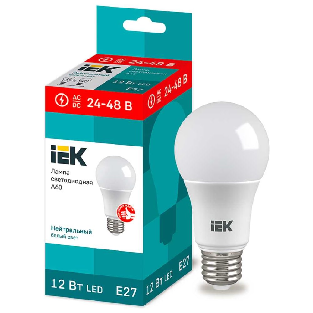 Лампа IEK LED A60 шар 12Вт 24-48В 4000К E27 LLE-A60-12-24-48-40-E27