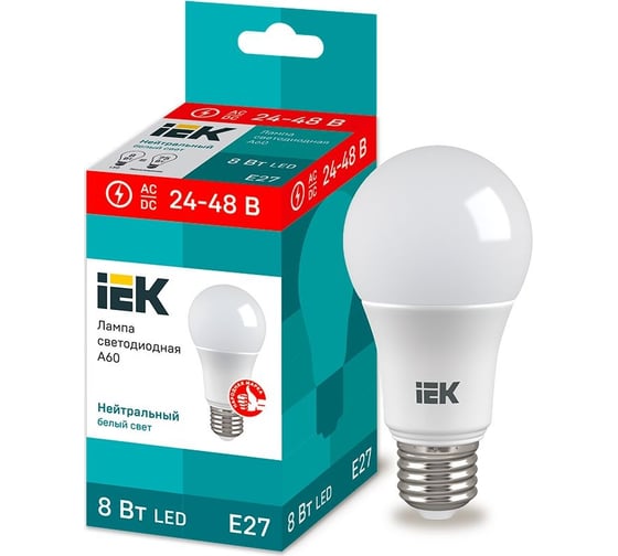 Изображение товара Лампа IEK LED A60 шар 8Вт 24-48В 4000К E27 LLE-A60-08-24-48-40-E27