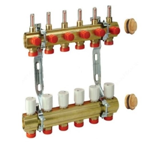 Изображение товара Коллекторная группа Giacomini латунь R553K 1 ВР/ВР, 9 выходов 3/4 НР под евро с расходомерами R553KY069 040-0297