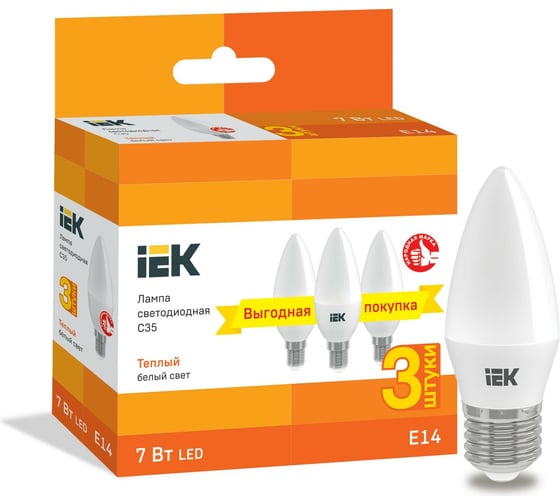 Изображение товара Лампа IEK LED C35 свеча 7Вт 230В 3000К E14 3шт/упак LLE-C35-07-230-30-E14-3