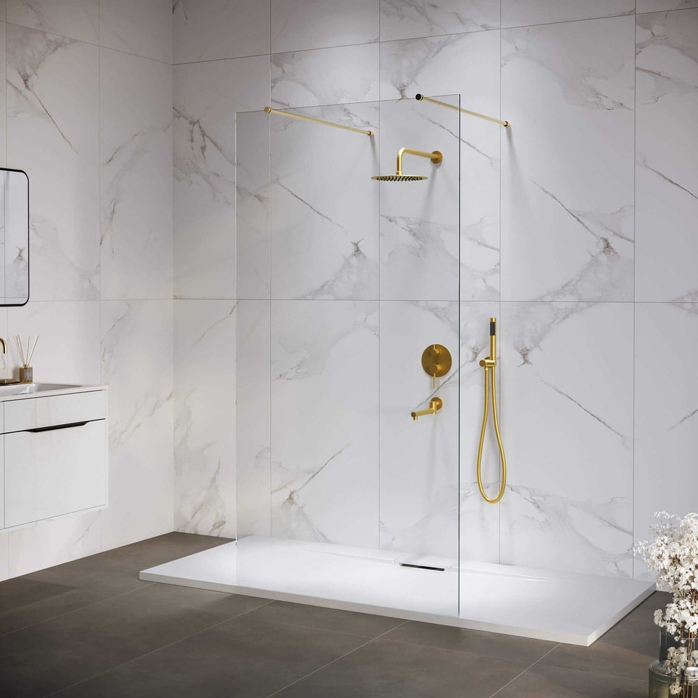 Изображение товара Душевая перегородка RGW 140х195 с прозрачным стеклом и брашированным золотом