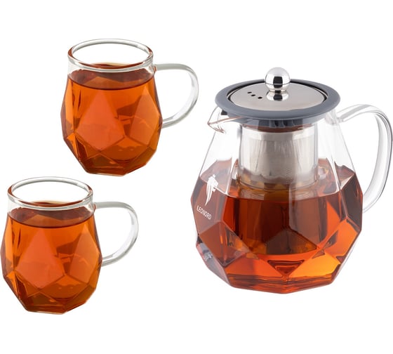 Изображение товара Набор из 3 предметов Leonord AROMA: чайник заварочный 820 мл + 2 кружки по 250 мл из боросиликатного стекла 107498