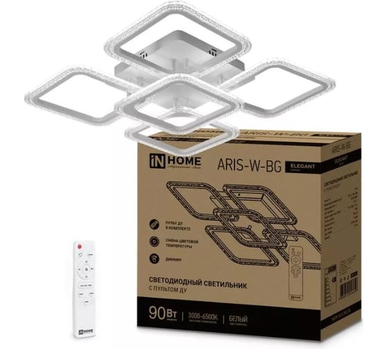 Изображение товара Светильник светодиодный IN HOME ELEGANT ARIS-W-BG 90Вт 230В 3000-6500K 7000Лм 590x590x115мм ПУ белый 4690612043258