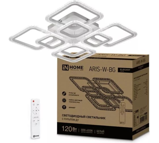 Изображение товара Светильник светодиодный IN HOME ELEGANT ARIS-W-BG 120Вт 230В 3000-6500K 8400Лм 590x590x115мм ПУ белый 4690612043272