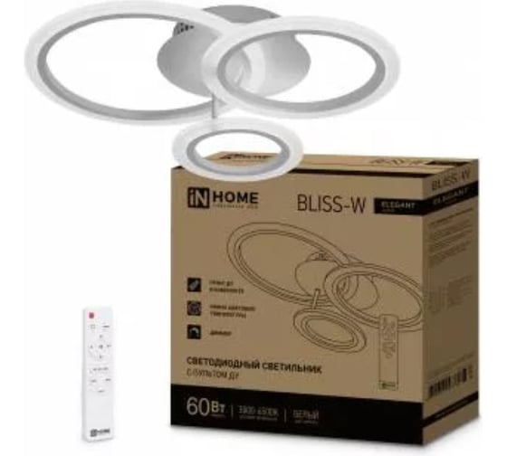 Изображение товара Светильник светодиодный IN HOME ELEGANT BLISS-W 60Вт 230В 3000-6500K 4700Лм 500x500x140мм c пультом ДУ белый 4690612043364