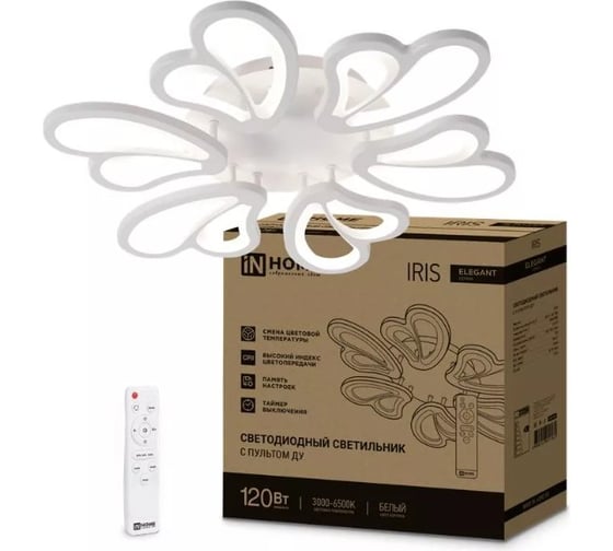 Изображение товара Светильник светодиодный IN HOME ELEGANT IRIS 120Вт 230В 3000-6500K 8400Лм 607x535x85мм c пультом ДУ белый 4690612051482