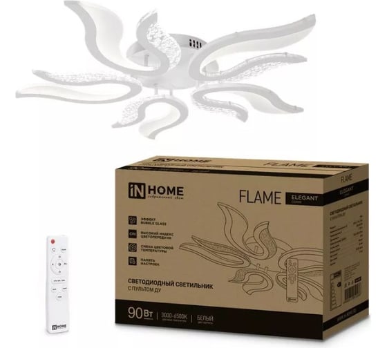 Изображение товара Светильник светодиодный IN HOME ELEGANT FLAME 90Вт 230В 3000-6500K 7000Лм 820x802x87мм c пультом ДУ белый 4690612051536