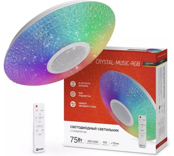 Изображение товара Светильник светодиодный IN HOME COMFORT CRYSTAL-MUSIC-RGB 75Вт 230В 3000-6500K 6000Лм 505x125мм с пультом ДУ 4690612044569