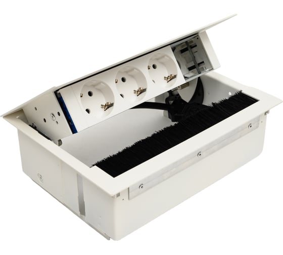 Изображение товара Врезной розеточный блок с крышкой Simon, ввод щетка, 3x2PE, 1 пустое отверстие, белый, 400 44403000-130