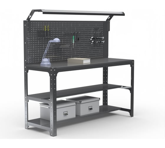 Изображение товара Стол металлический ООО Металекс серия KIT 750х1200х500 мм, 2-е полки мм, перфопанель с комплектом освещения, серый 201459