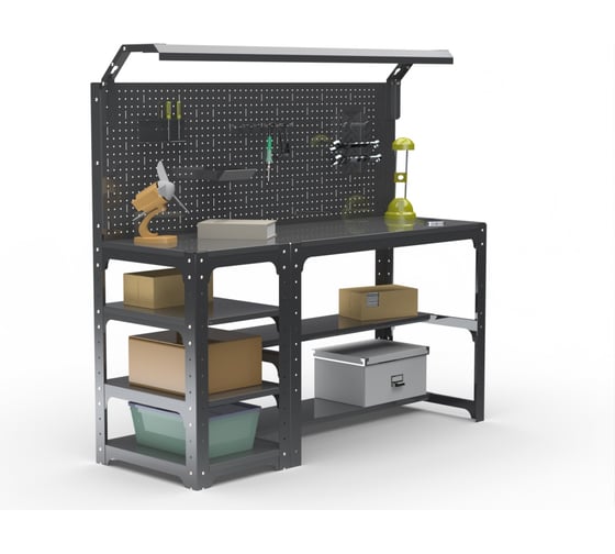 Изображение товара Стол металлический ООО Металекс серия KIT 750х1200х400 мм, с боковыми полками, перфопанелью и комплектом освещения, серый 201469