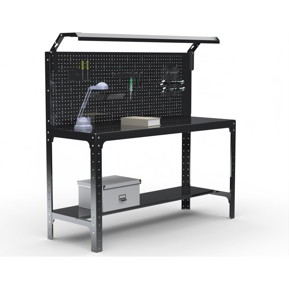 Изображение товара Стол металлический ООО Металекс серия KIT 750х1100х500 мм, одна полка мм, перфопанель с комплектом освещения, черный 201602