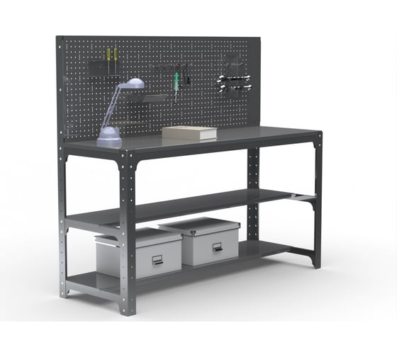 Изображение товара Стол металлический ООО Металекс серия KIT 750х1400х500 мм, мм, две полки мм, перфопанель с комплектом аксессуаров, серый 201389