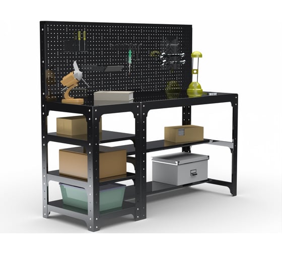 Изображение товара Стол металлический ООО Металекс серия KIT 750х1600х400 мм, с боковыми полками и перфопанелью, черный 201570