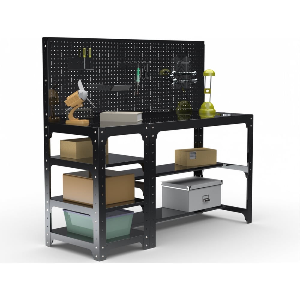 Изображение товара Металлический стол серии KIT 750х1400х500 мм с боковыми полками перфопанелью черный