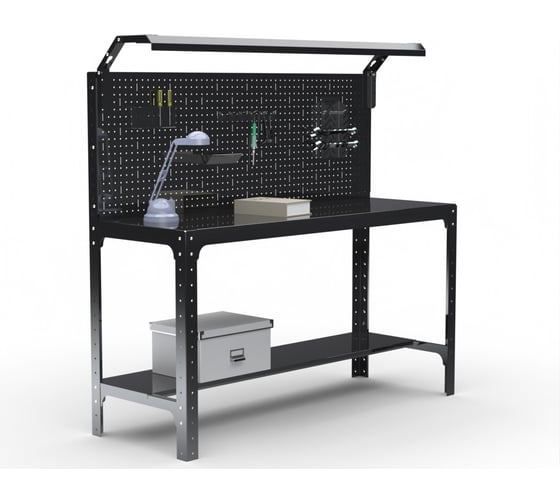 Изображение товара Стол металлический ООО Металекс серия KIT 750х1200х500 мм, одна полка мм, перфопанель с комплектом освещения, черный 201603