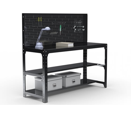 Изображение товара Стол металлический ООО Металекс Metalex серия KIT 750x1100x400 + две полки + перфопанель с комплектом аксессуаров (черный) / 201542
