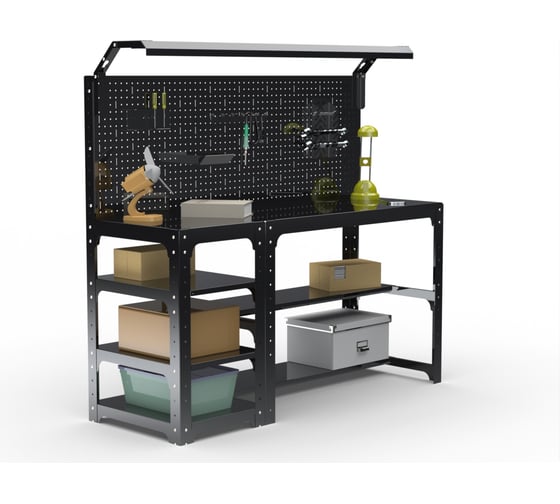 Изображение товара Стол металлический ООО Металекс серия KIT 750х1200х500 мм, с боковыми полками, перфопанелью и комплектом освещения, черный 201634