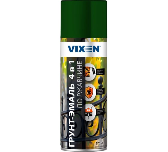 Изображение товара Грунт-эмаль по ржавчине 4в1 Vixen (зеленый мох RAL 6005; 520 мл) VX516005